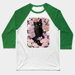 Little Black Garden Cat - Pink Flowers Baseball T-Shirt